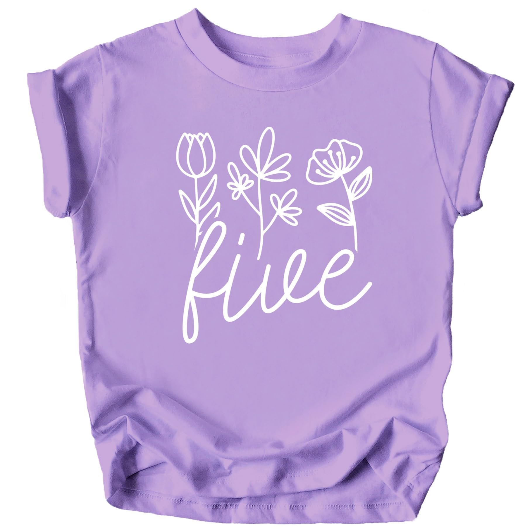 Military green toddler tee with white floral Five graphic for girls 5th birthday outfit
