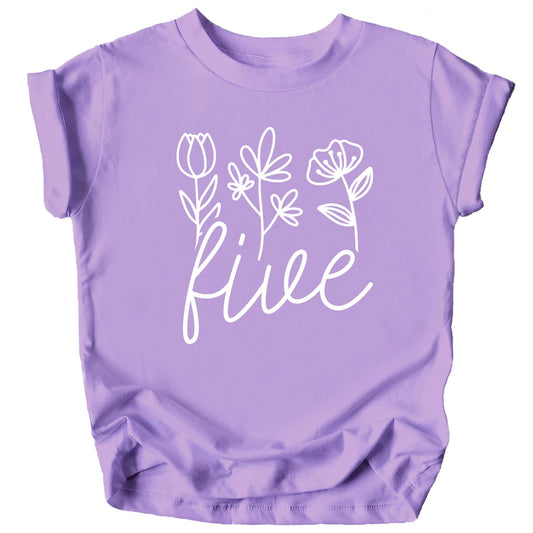 Military green toddler tee with white floral Five graphic for girls 5th birthday outfit