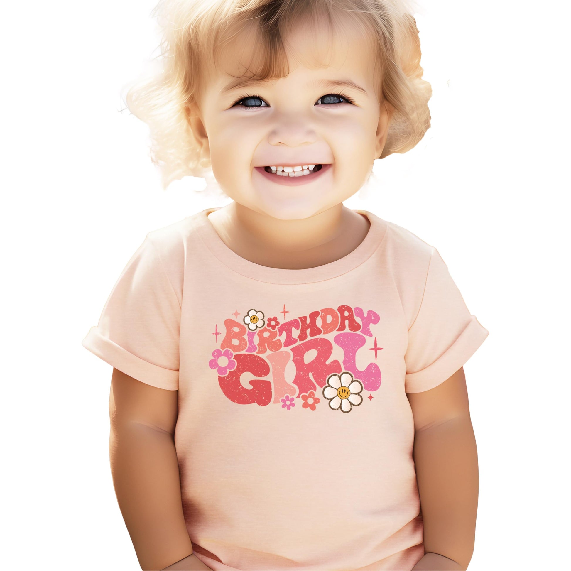 Toddler wearing birthday girl groovy daisies shirt in natural color full body view