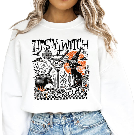 Tipsy Witch Society women's black Halloween sweatshirt with black cat, cauldron, and cocktail graphic