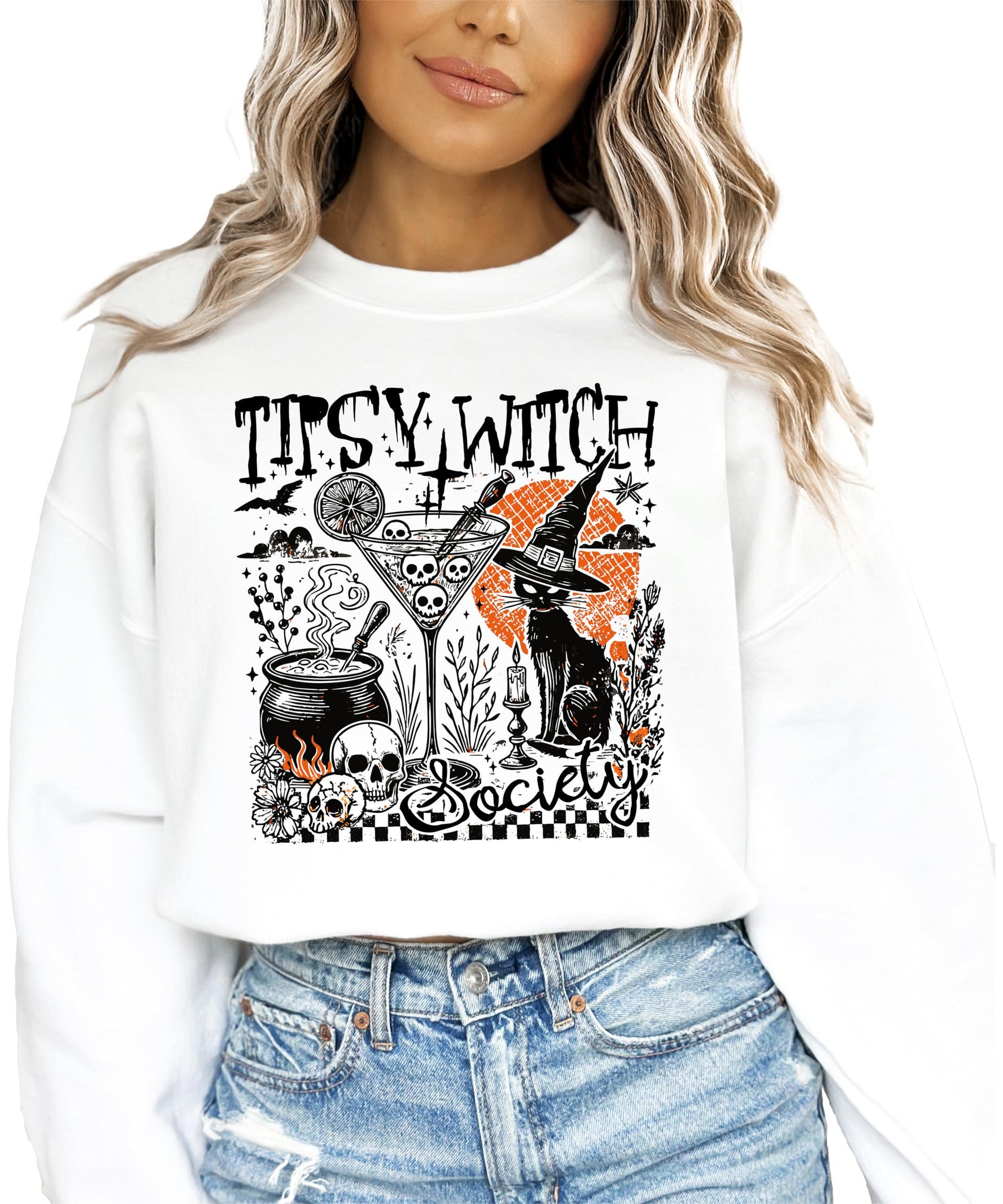 Tipsy Witch Society women's black Halloween sweatshirt with black cat, cauldron, and cocktail graphic