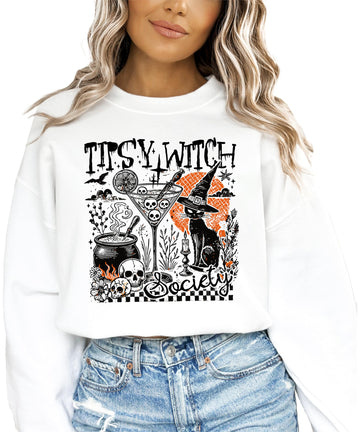 Tipsy Witch Society women's black Halloween sweatshirt with black cat, cauldron, and cocktail graphic