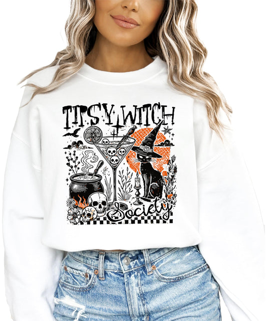 Tipsy Witch Society women's black Halloween sweatshirt with black cat, cauldron, and cocktail graphic