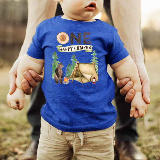 Detail shot of camping graphics and typography on One Fun Camper toddler tee