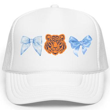 Tiger Mascot & Blue Coquette Bows Foam Front Trucker Hat for Women and Teens Classic 5 Panel Mesh Snapback
