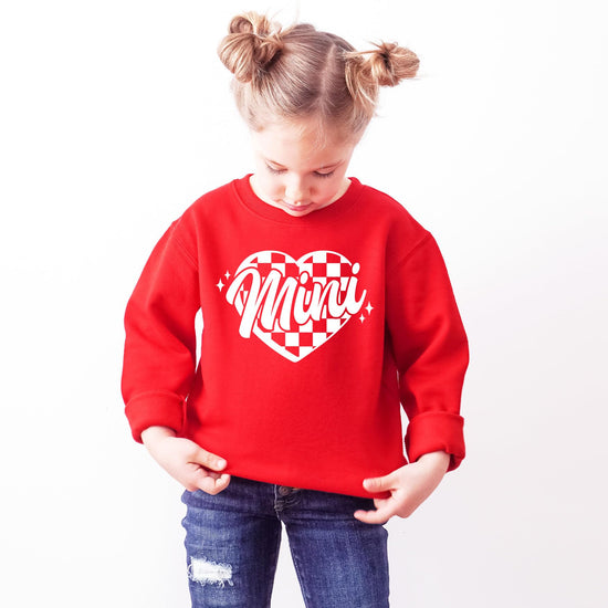 Mama and mini matching red checkered heart sweatshirts for Valentine's Day, adult and kids sizes