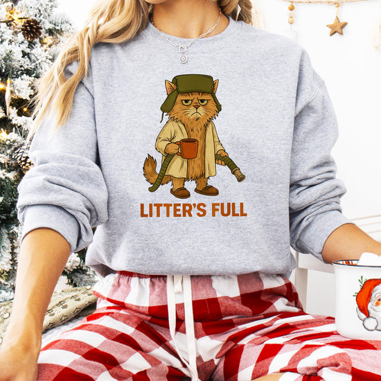Detail shot of Litter's Full grumpy holiday cat graphic print on gray sweatshirt