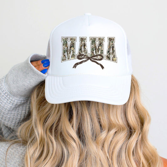 Mama Distressed Camo Trucker Hat Coquette Bow Classic 5 Panel Foam Front Mesh Snapback