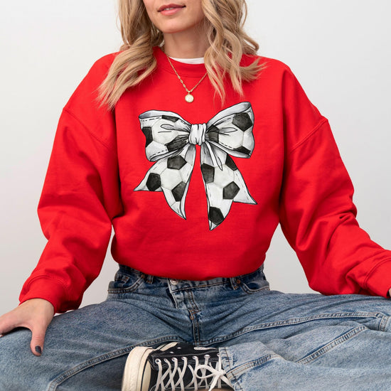 Gray pullover sweatshirt with trendy coquette bow soccer graphic design