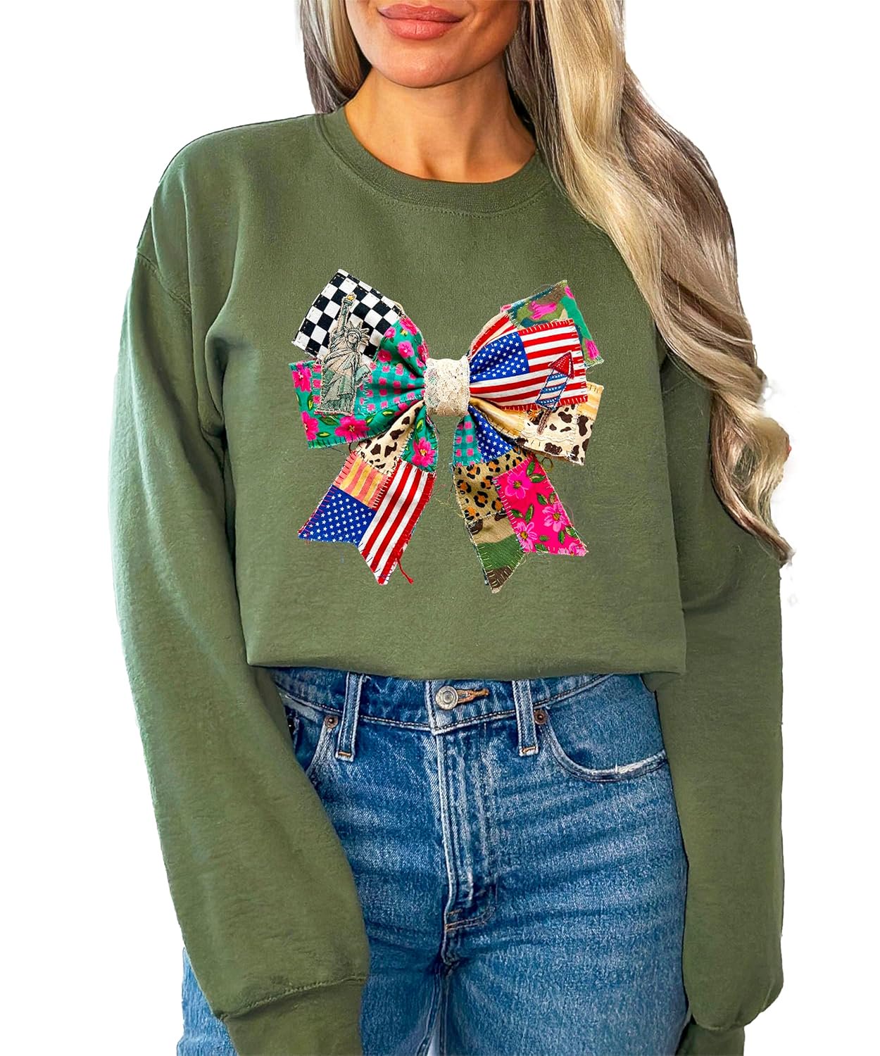 Detail shot of ink-printed bow design on white fleece sweatshirt highlighting stars, stripes, and floral Americana elements