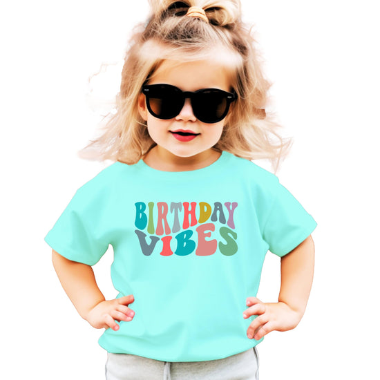 White on peach Birthday Vibes retro graphic tee for toddler and youth girls
