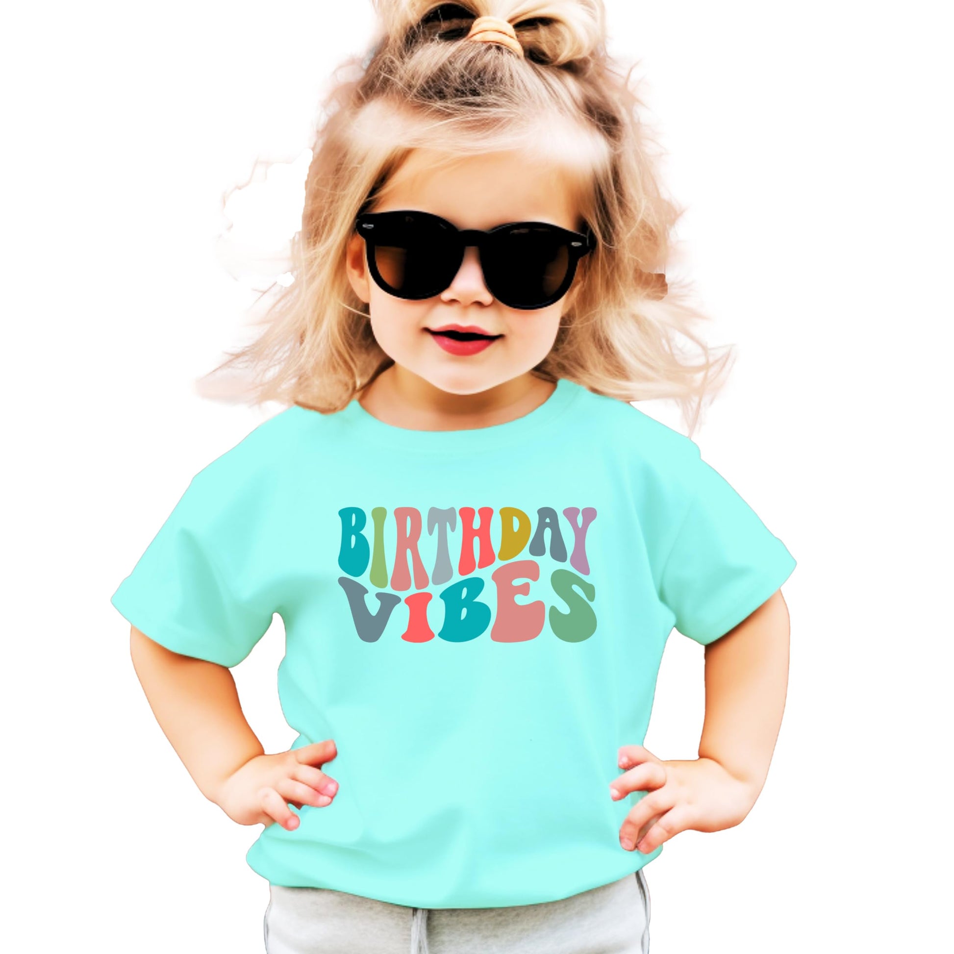 White on peach Birthday Vibes retro graphic tee for toddler and youth girls