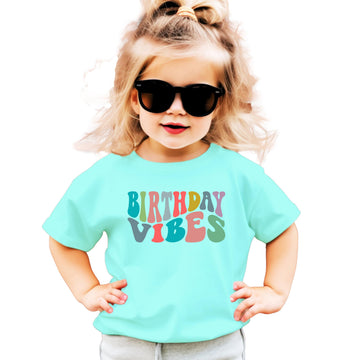 White on peach Birthday Vibes retro graphic tee for toddler and youth girls