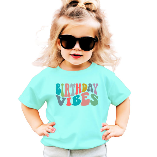 White on peach Birthday Vibes retro graphic tee for toddler and youth girls