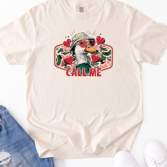 Lifestyle shot of funny duck hunting Valentine's Day tee styled casually