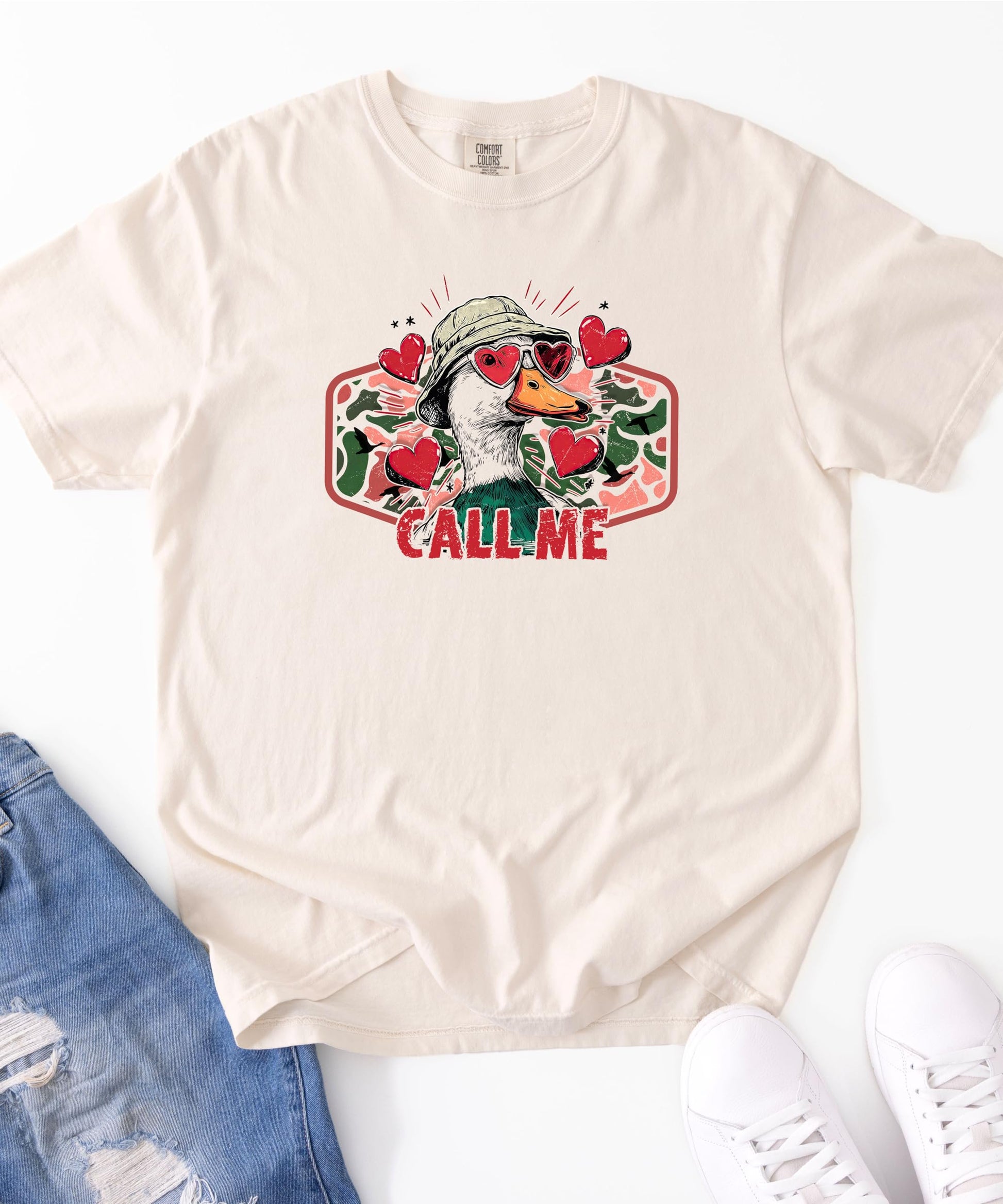 Lifestyle shot of funny duck hunting Valentine's Day tee styled casually