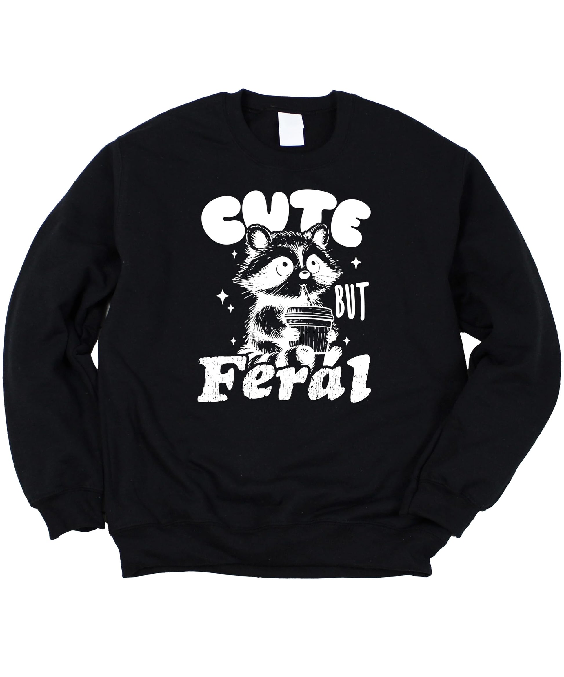 Front view of a youth Cute But Feral raccoon graphic sweatshirt in pink