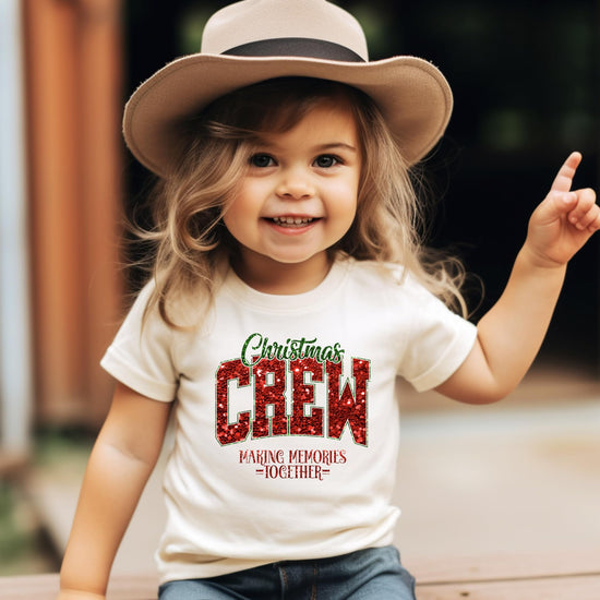 Christmas Crew faux glitter shirt styled for holiday family matching outfit