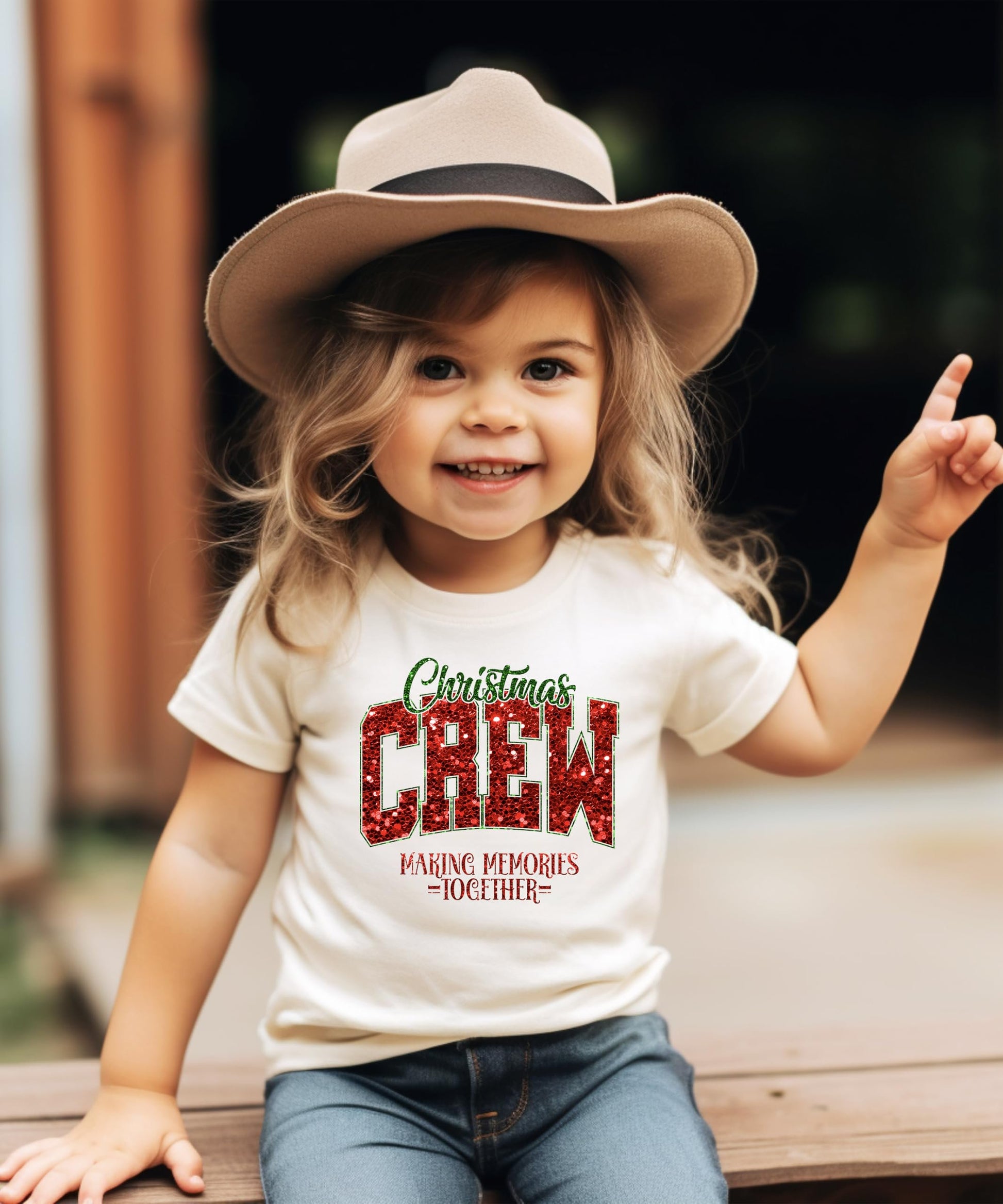 Christmas Crew faux glitter shirt styled for holiday family matching outfit