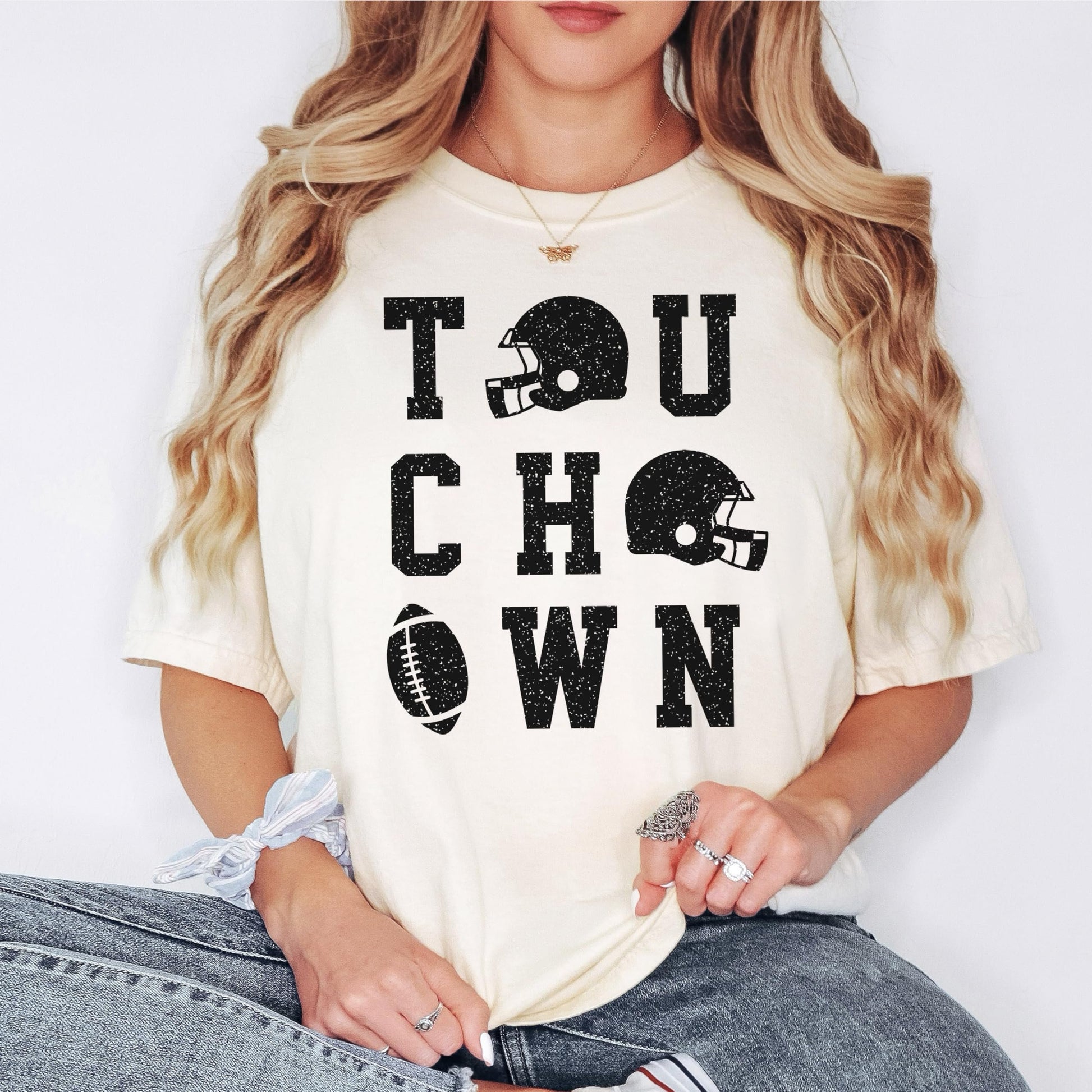 Detail shot of football gear graphics and typography on game day shirt
