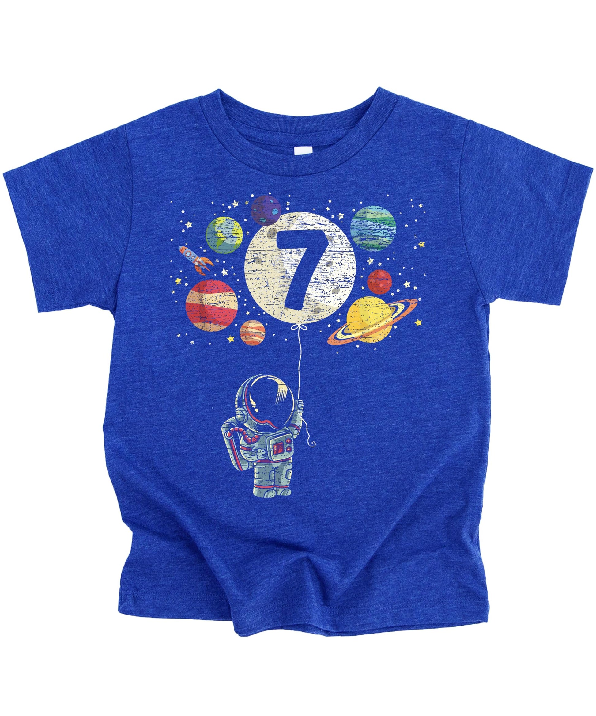 Close-up of astronaut birthday shirt print featuring rocket, moon balloon, and colorful planets