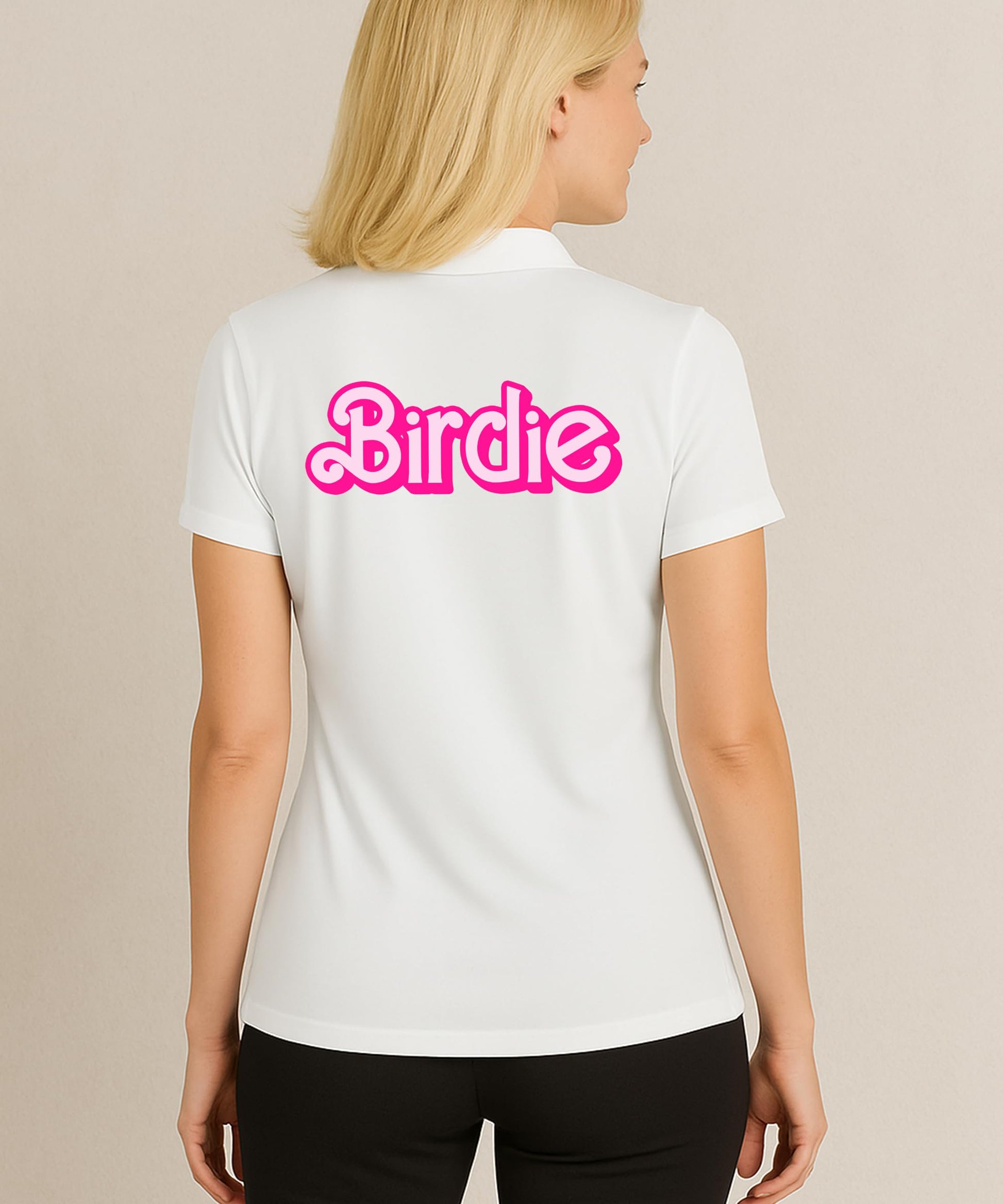 Woman modeling pink retro golf polo in country club setting with preppy styling