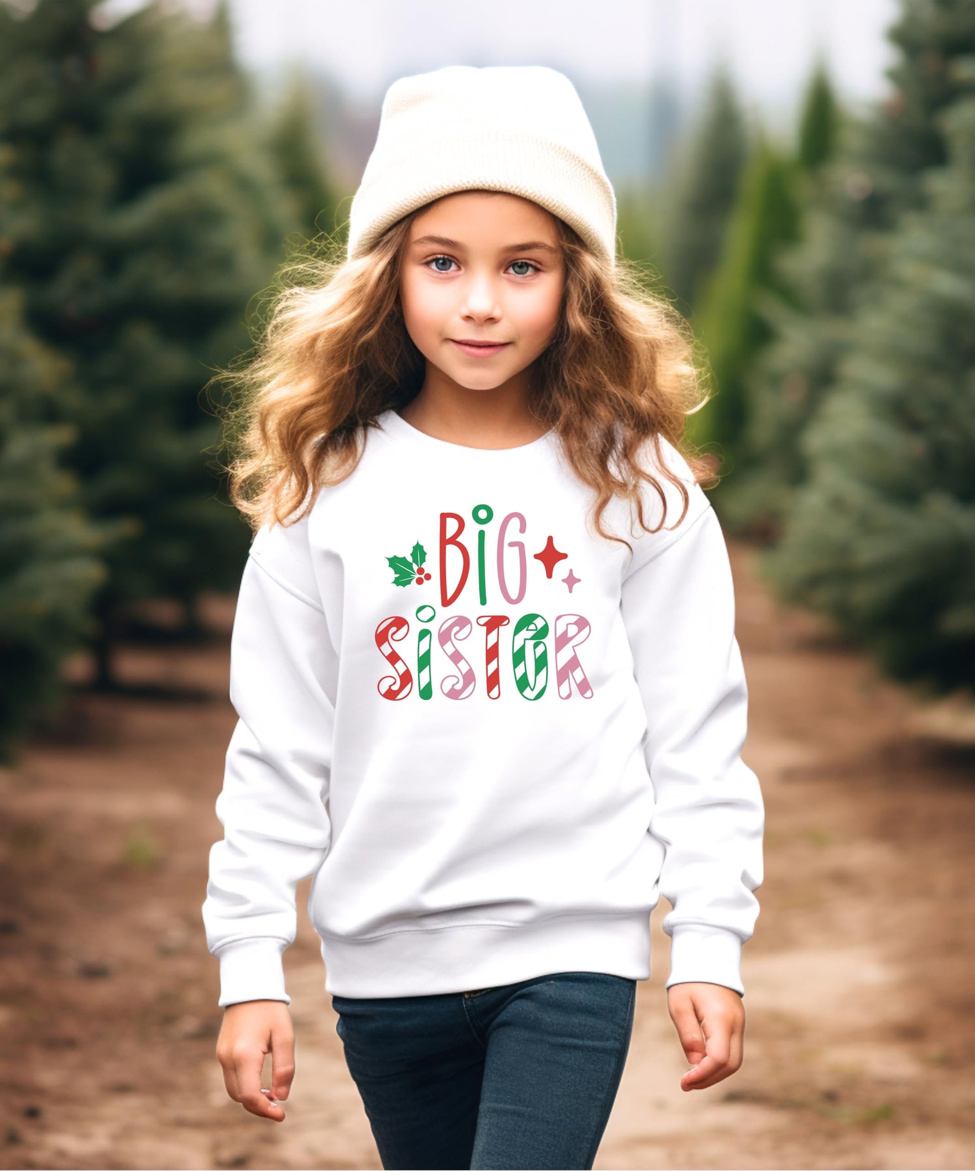 Big Sister Christmas sweatshirt displayed flat, showing full graphic print on white youth sweatshirt