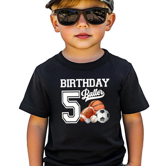 Boys black birthday shirt with bold sports-themed Birthday Baller graphic design