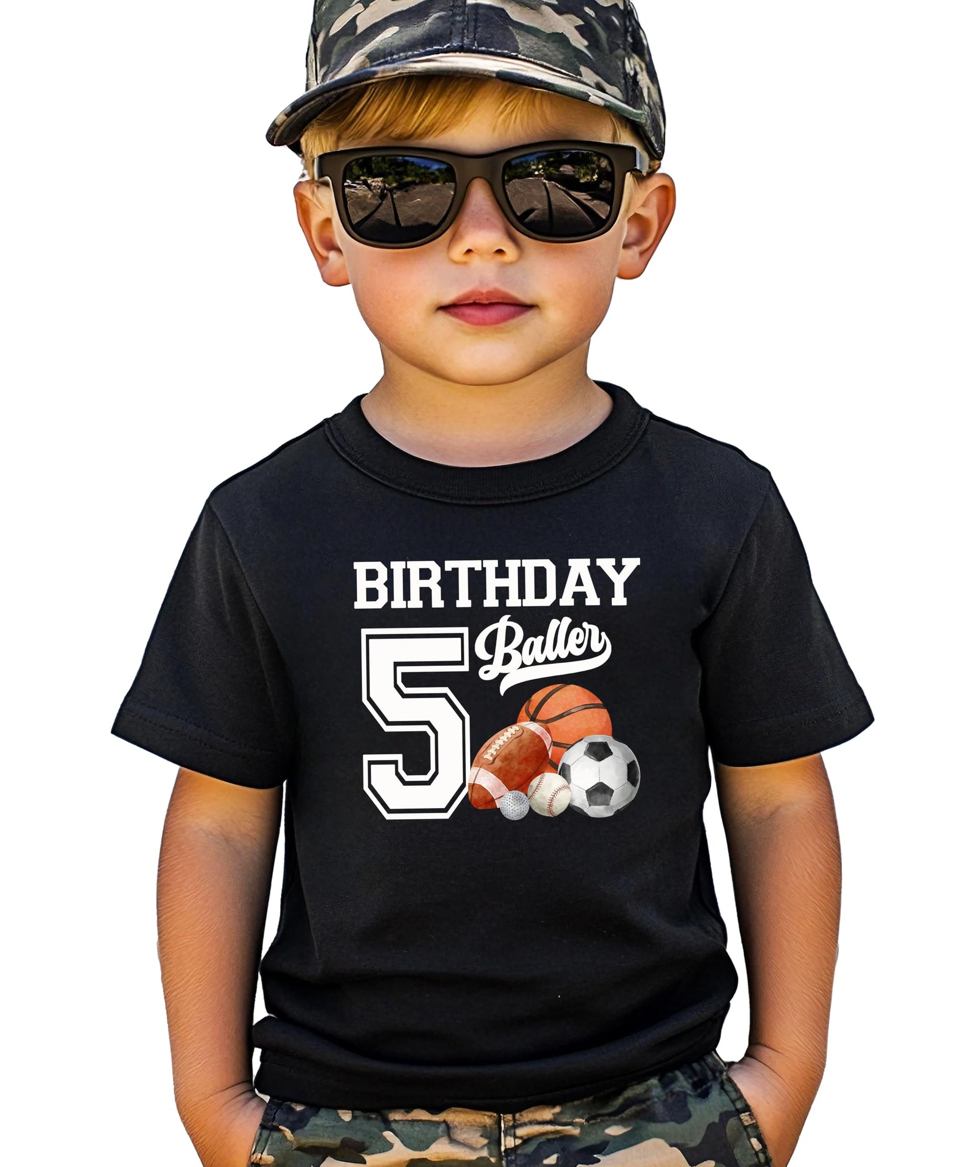 Boys black birthday shirt with bold sports-themed Birthday Baller graphic design