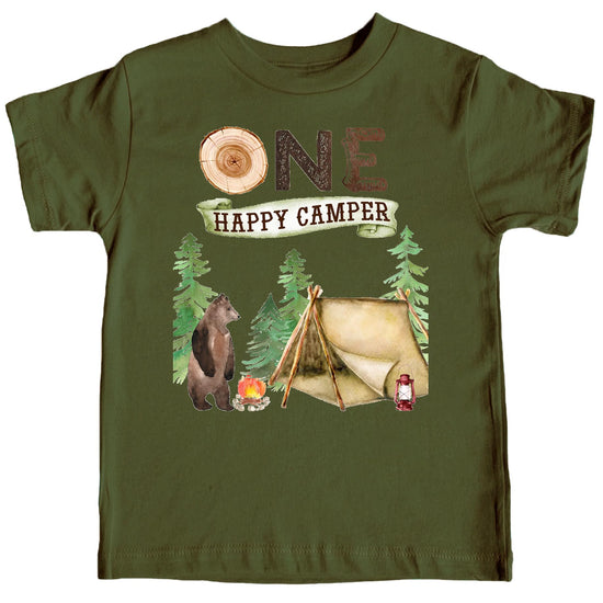 Close-up of One Fun Camper birthday shirt design showing camping tent and outdoor elements