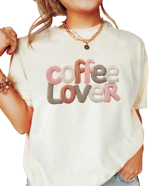 Women's ivory graphic tee with ink-printed coffee lover faux yarn-patch design