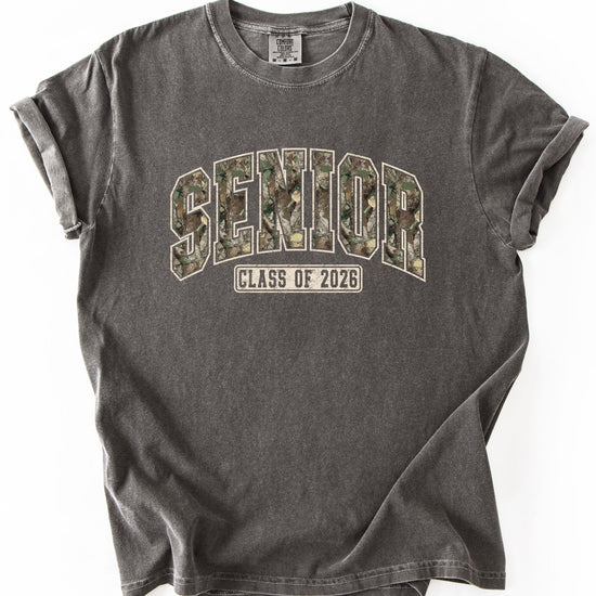 Front view of Senior Class of 2026 camo graphic t-shirt in pepper colorway