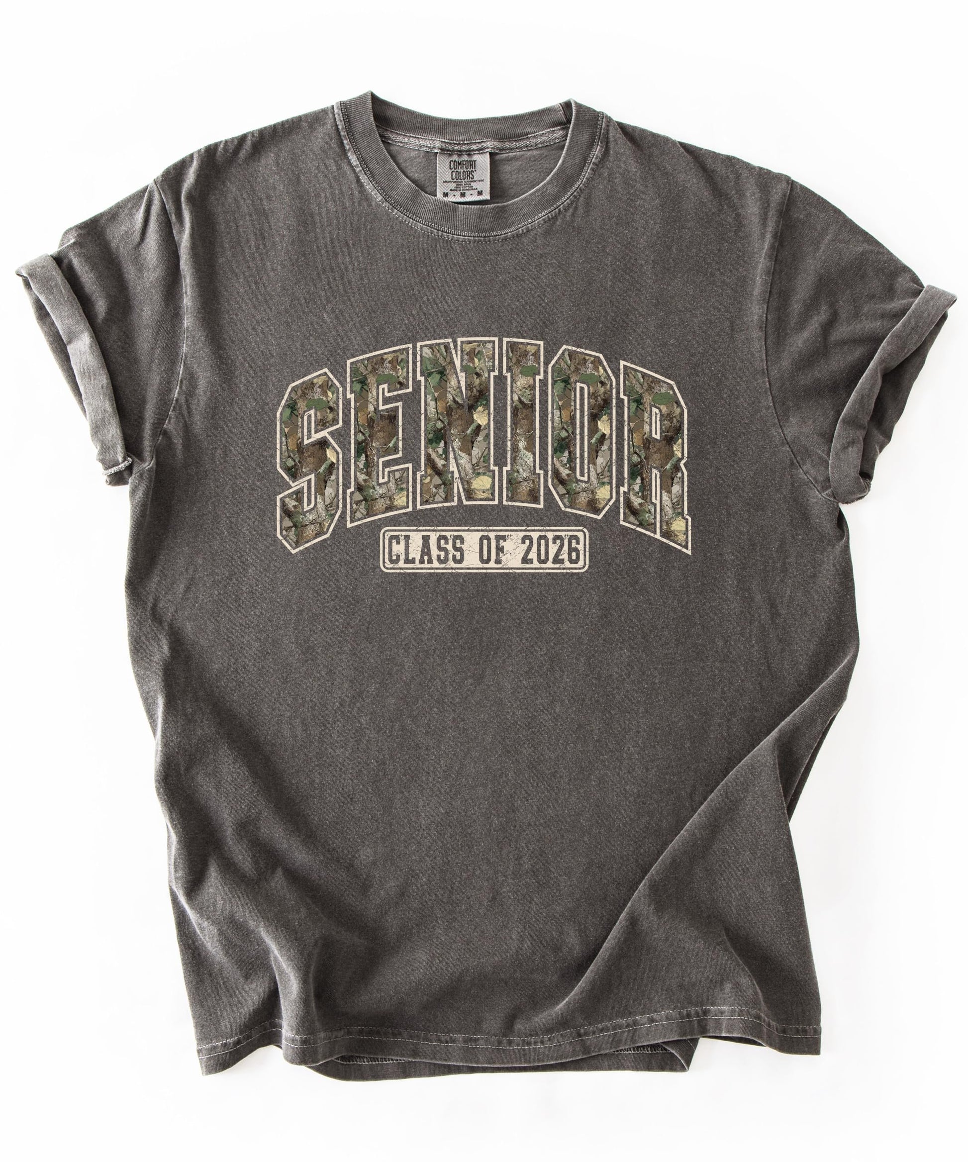 Front view of Senior Class of 2026 camo graphic t-shirt in pepper colorway
