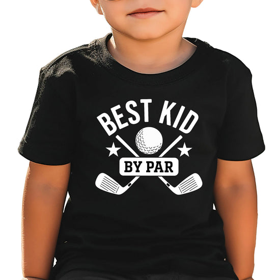 Kids graphic tee with Best Kid By Par golf design featuring clubs, stars, and a ball for dad and me matching