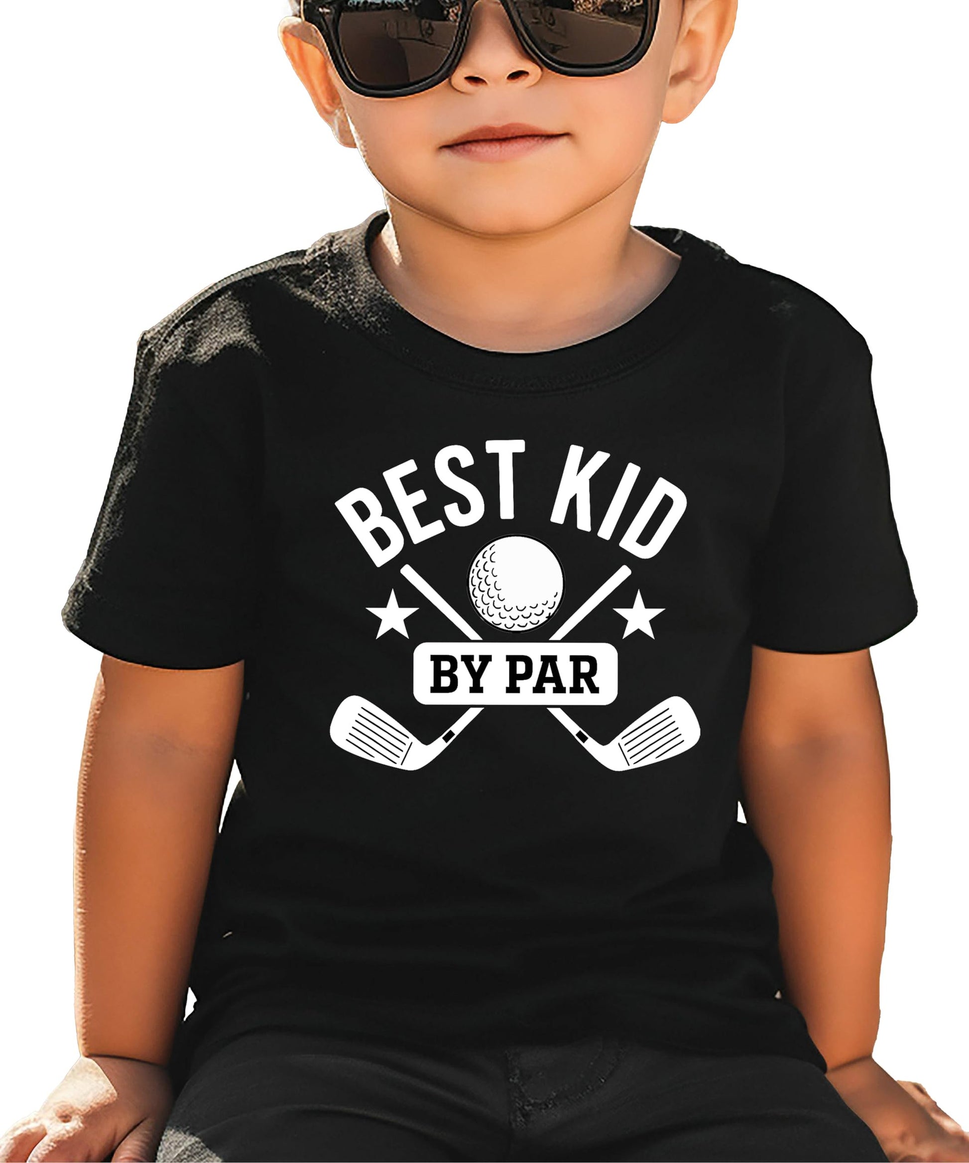 Kids graphic tee with Best Kid By Par golf design featuring clubs, stars, and a ball for dad and me matching