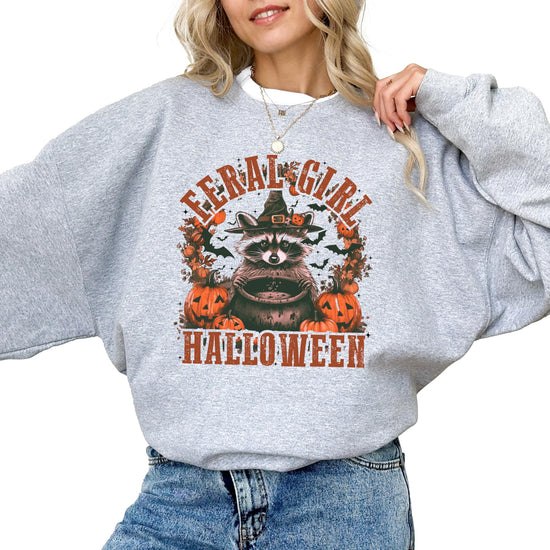 Front view of Olive Loves Apple Feral Girl Halloween raccoon sweatshirt in gray