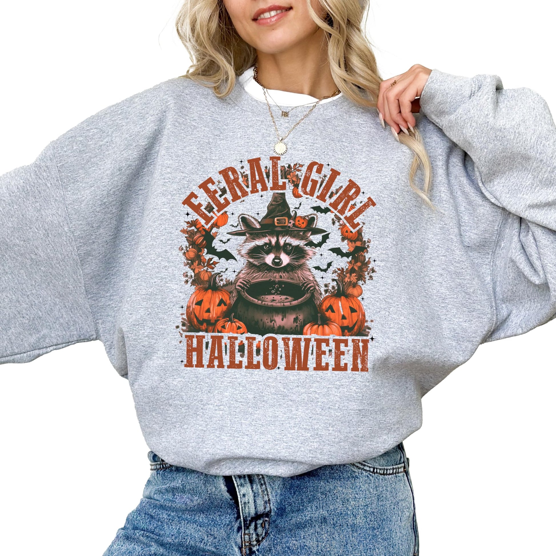 Front view of Olive Loves Apple Feral Girl Halloween raccoon sweatshirt in gray
