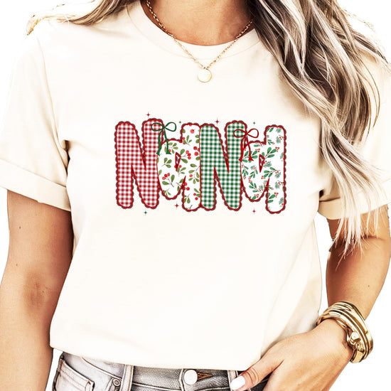 Faux lace ink-printed Christmas t-shirt for Mama with red and green gingham and holly design
