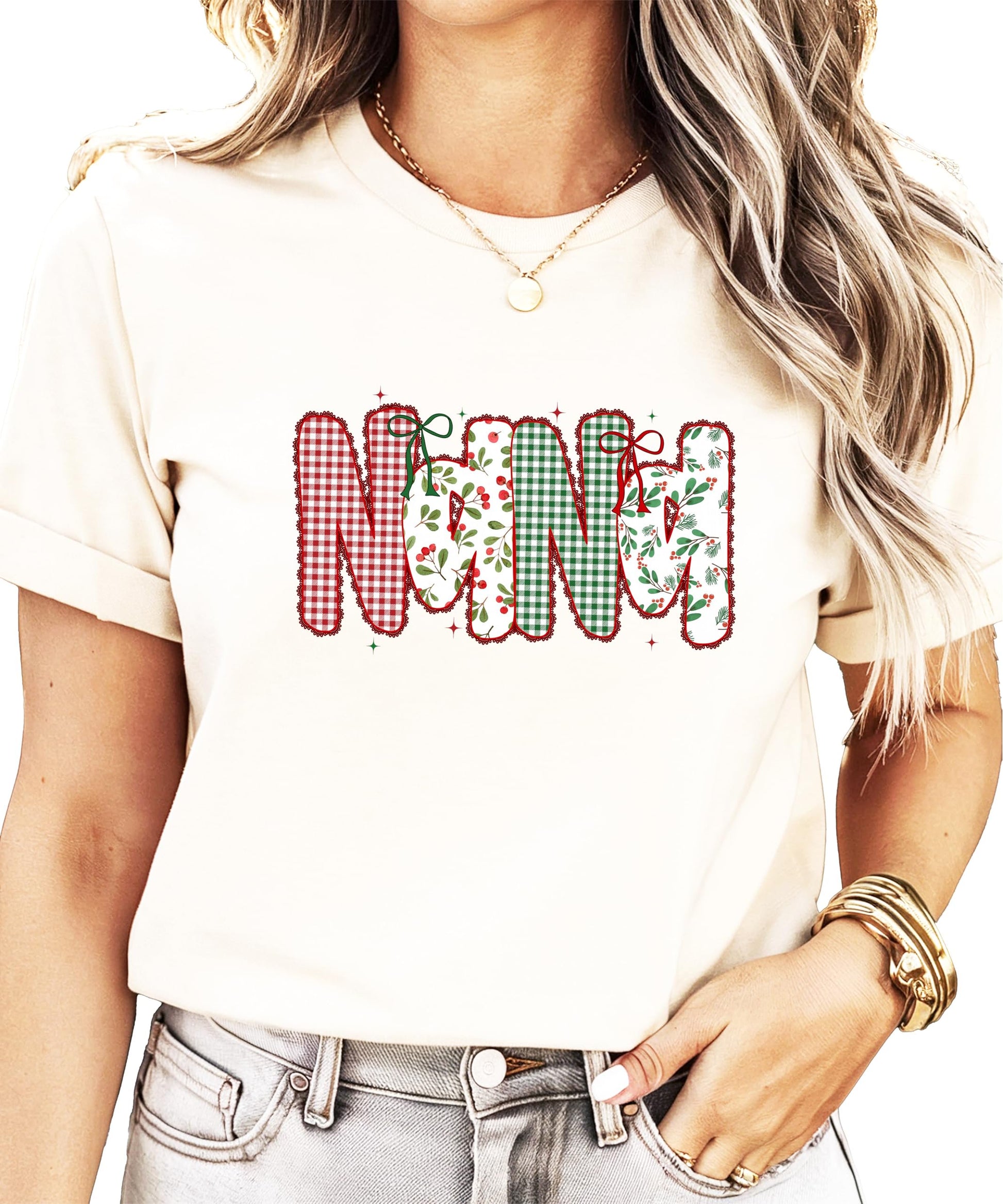 Faux lace ink-printed Christmas t-shirt for Mama with red and green gingham and holly design