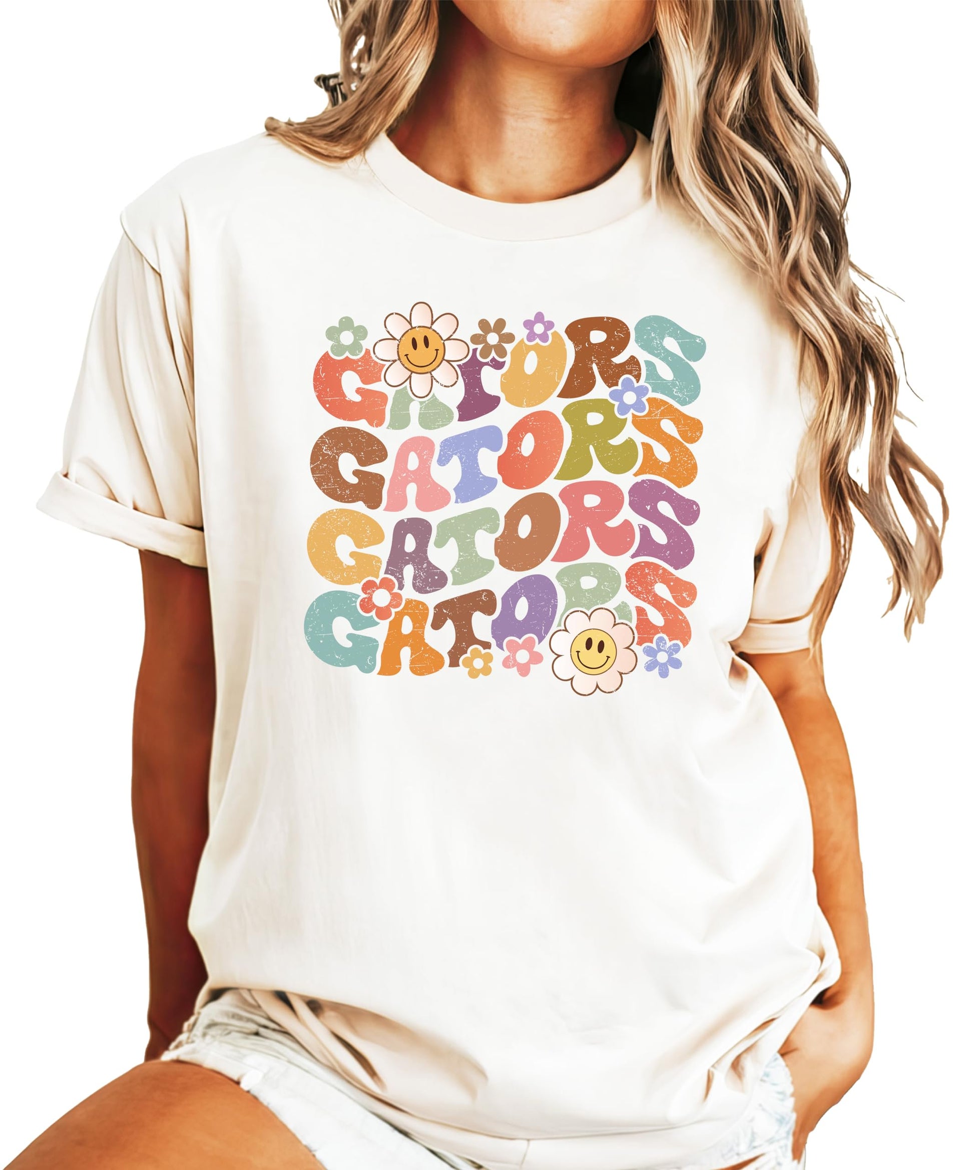 Detail shot of retro groovy GATORS lettering and floral smiley graphic tee design