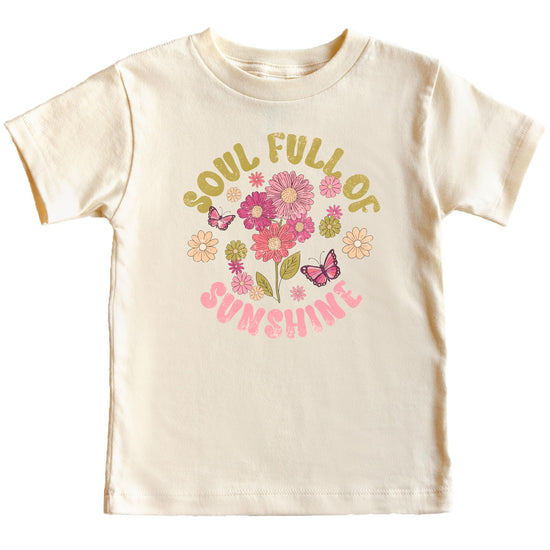 Natural colored girls t-shirt with bright floral sunshine design and groovy lettering