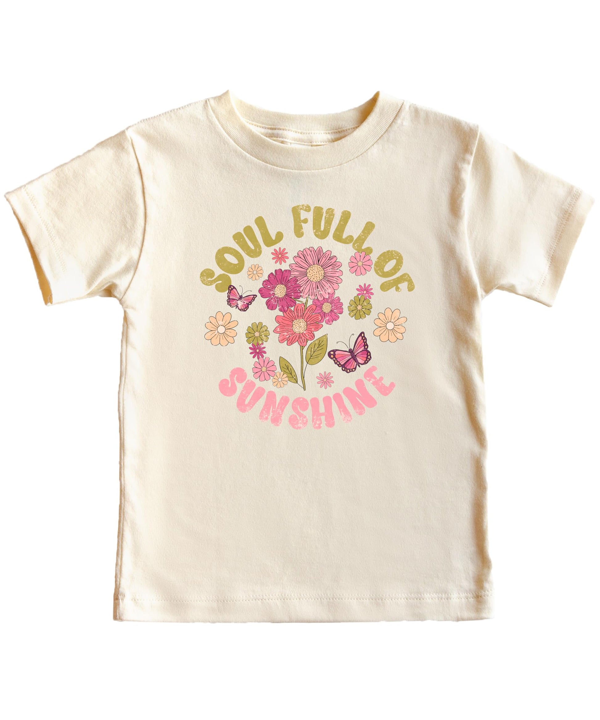 Natural colored girls t-shirt with bright floral sunshine design and groovy lettering