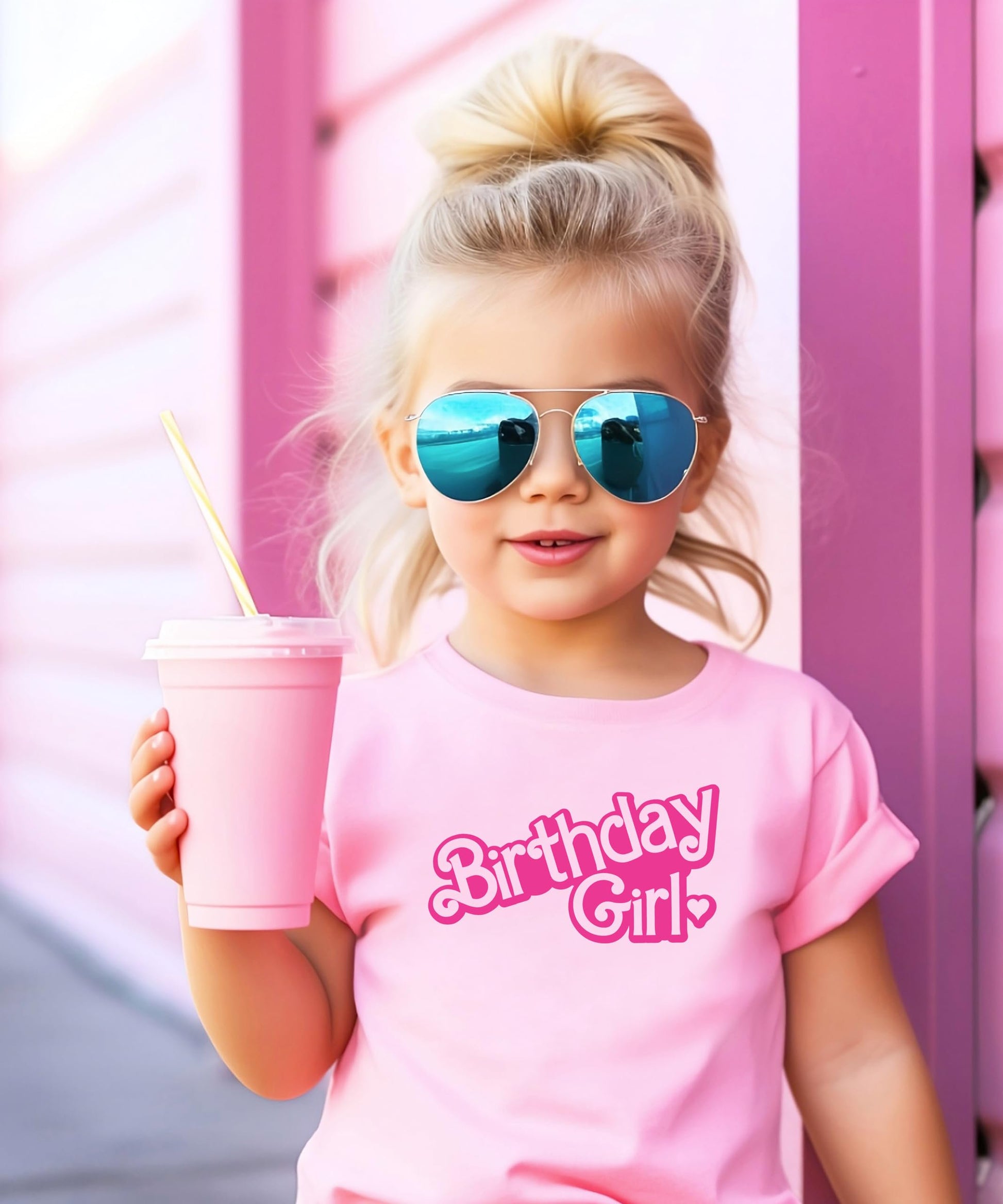 Olive Loves Apple purple birthday girl doll shirt styled as a birthday party outfit for girls