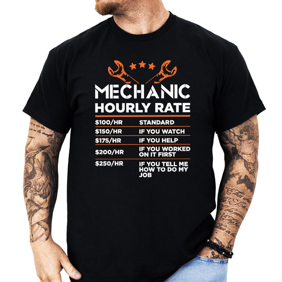 Detail shot of Mechanic Hourly Rate price list graphic printed on a black adult t-shirt