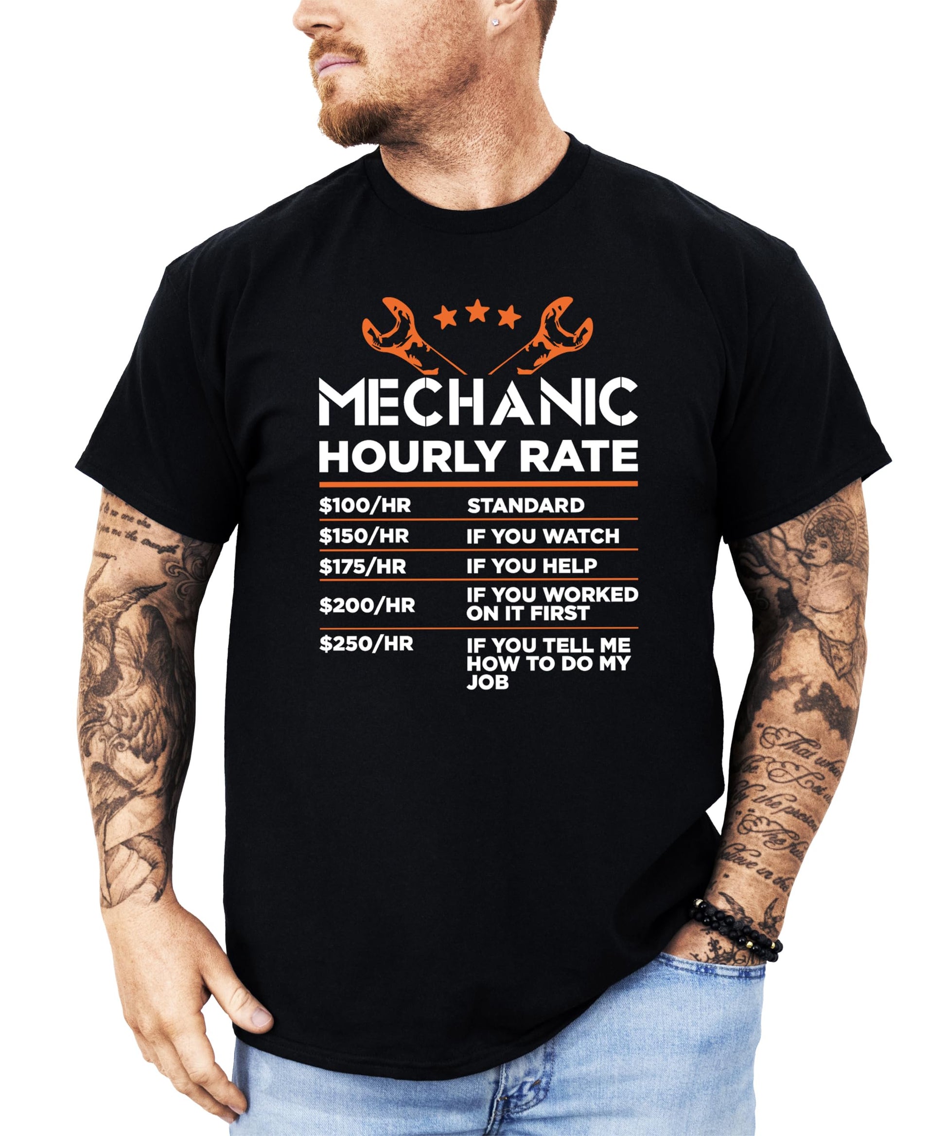 Detail shot of Mechanic Hourly Rate price list graphic printed on a black adult t-shirt