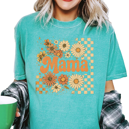 Women's trendy mama fall tee shirt flat lay showing full sunflower checkered design