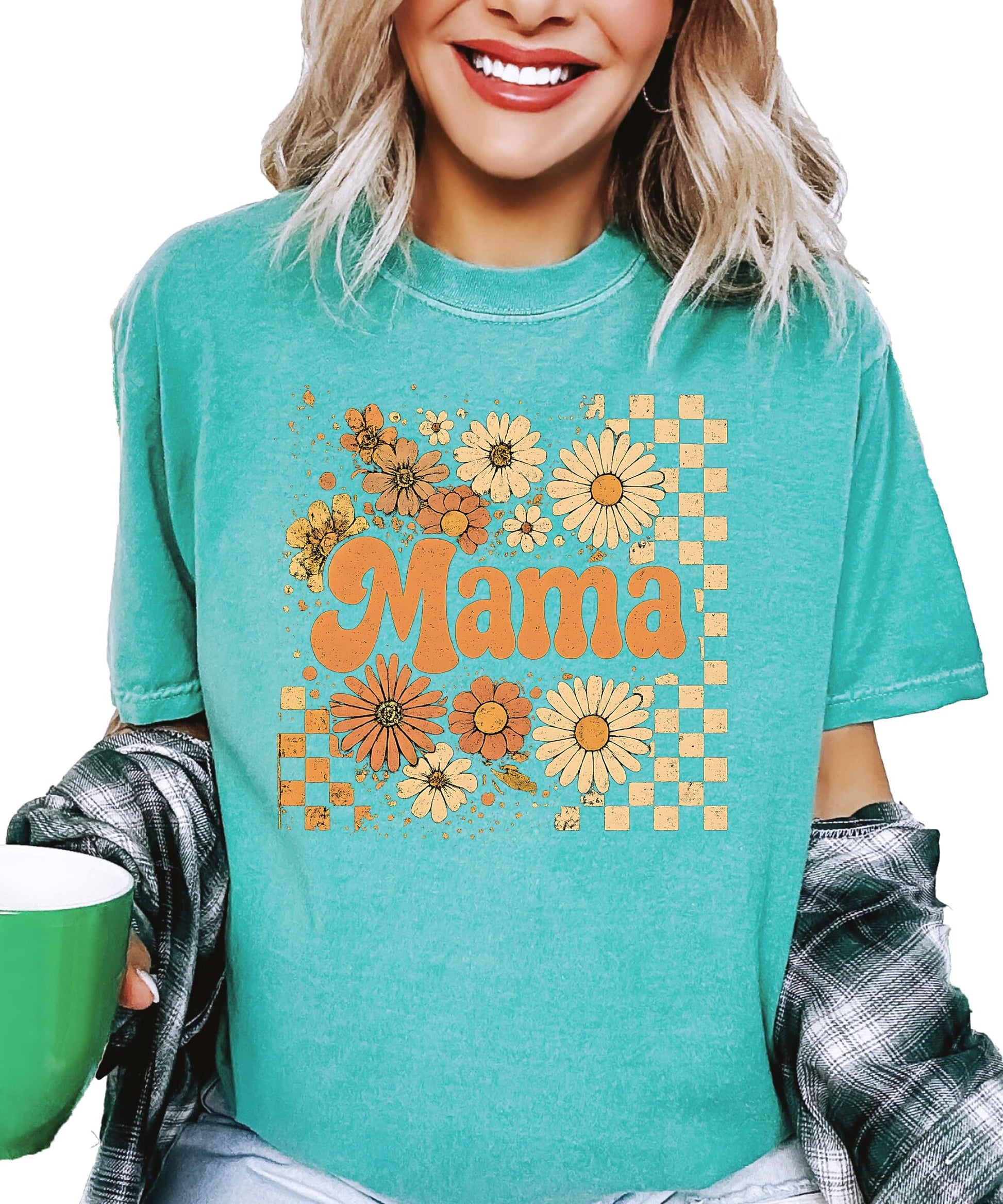 Women's trendy mama fall tee shirt flat lay showing full sunflower checkered design