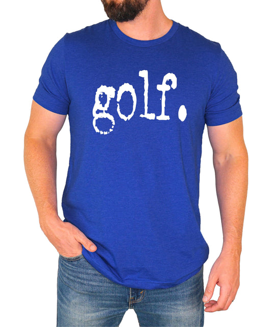 Distressed golf graphic tee in dark gray heather shown from the front on a flat lay