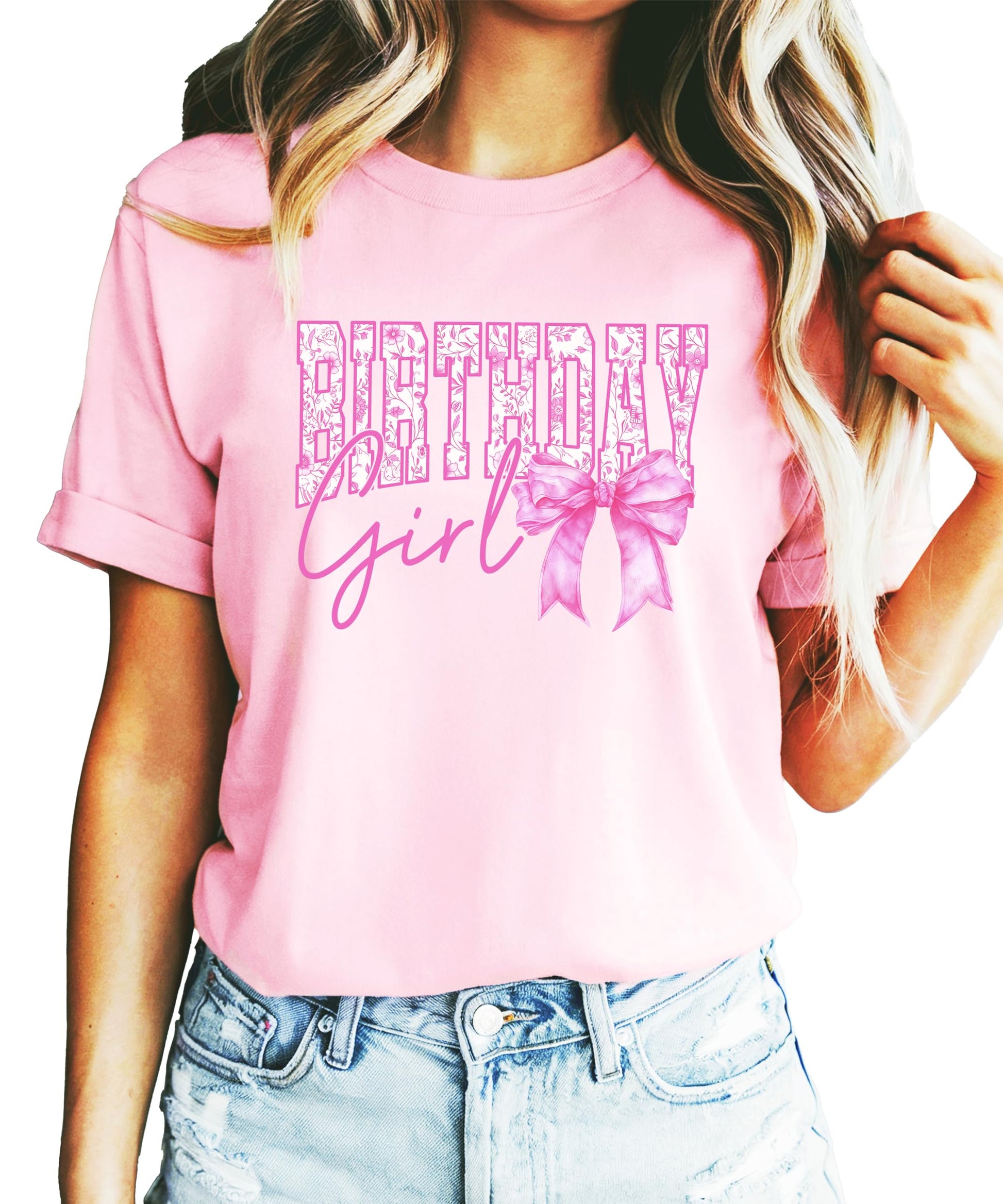 Flat lay of Birthday Girl floral shirt showing full design and shirt color