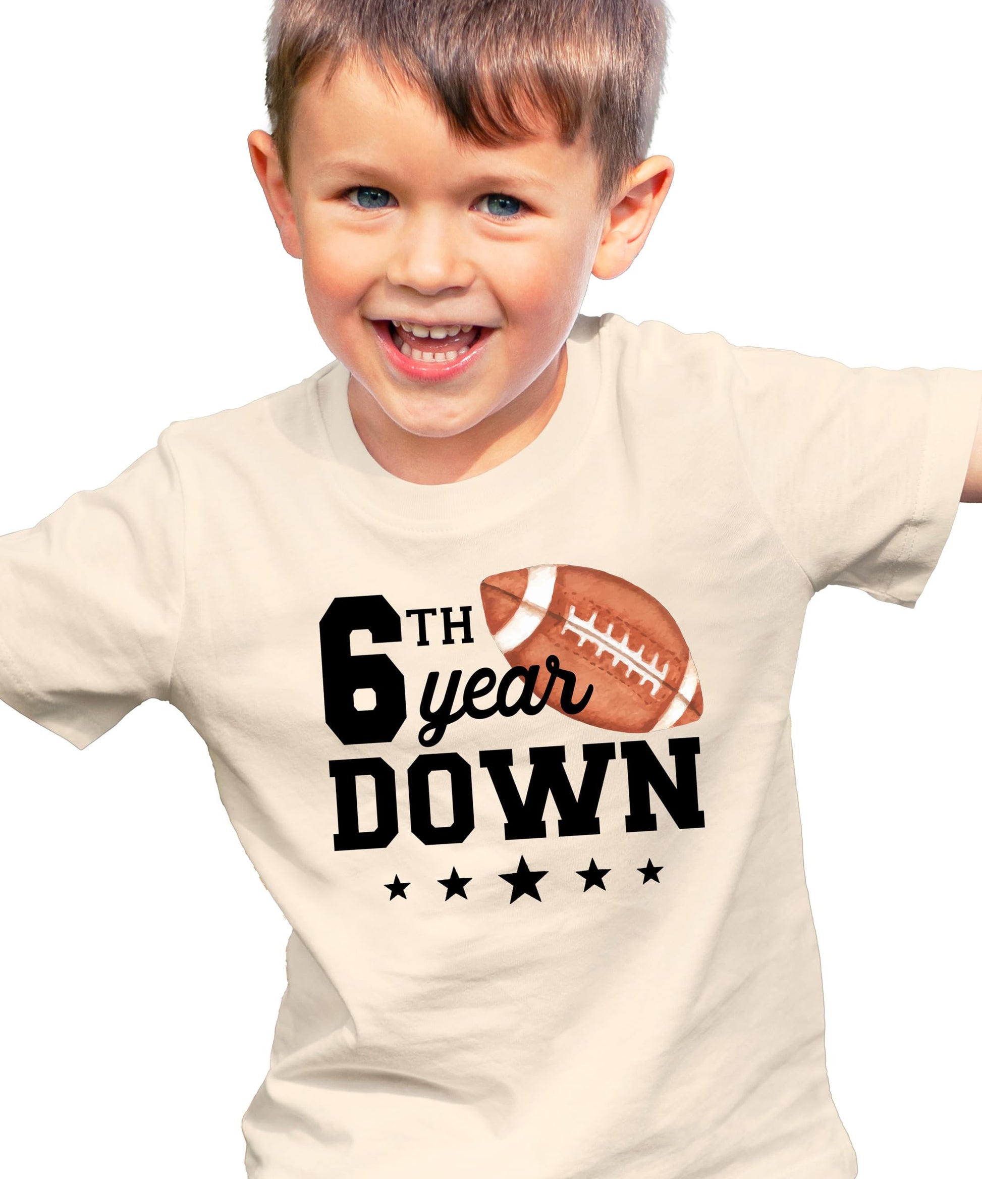 Youth small natural birthday shirt with football graphic sixth birthday design
